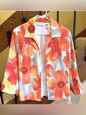 Alfred Dunner Blazer Jacket Open Front Large Floral Orange Multi SZ . 10 Womens